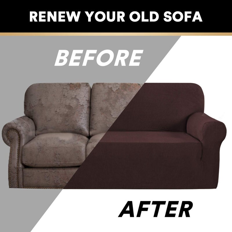 PrinceDeco Stretch Sofa Cover Slipcover Couch Covers for 3 Cushion Couch Furniture Protector Sofa Covers with Non Slip Elastic Bottom Dogs Pet Friendly Fitted (Sofa, Brown) - Image 4